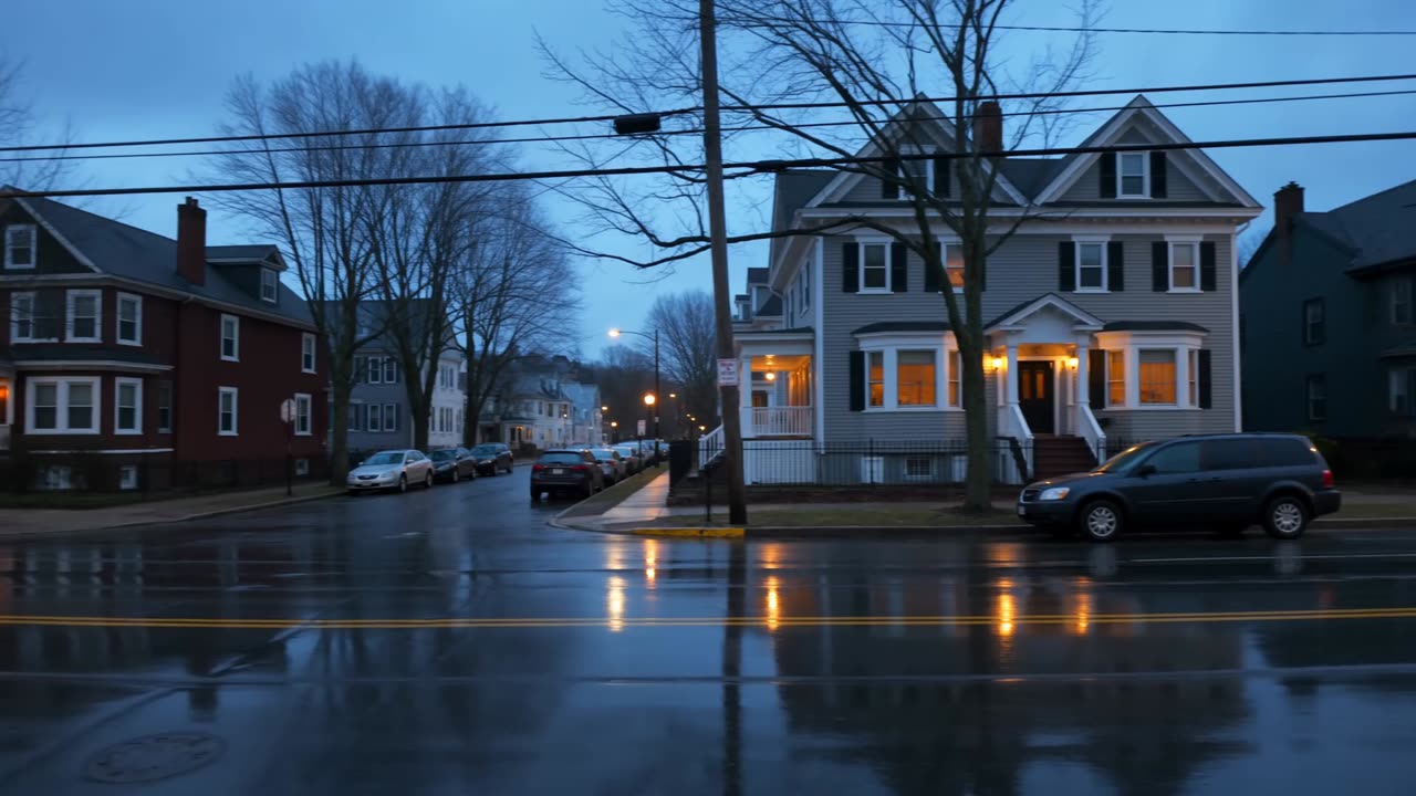 A residential street in Cambridge at dusk, with lit windows.