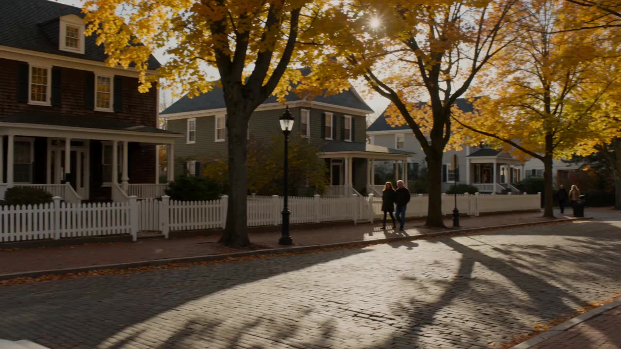 A tree-lined residential street in autumn, with people walking and a cyclist passing.